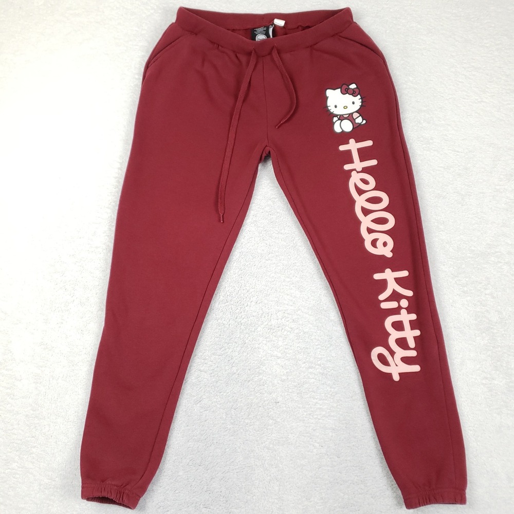 Sanrio Hello Kitty Joggers Burgundy Red Graphic Sweatpants Bioworld Womens Small